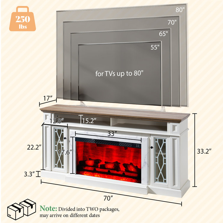 Distressed White 70" Farmhouse Fireplace TV Stand with Cabinet