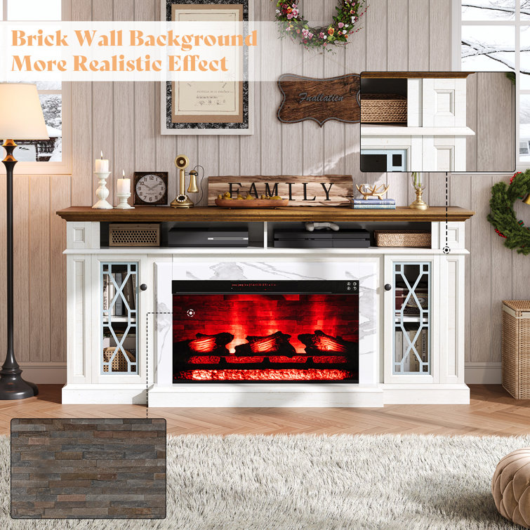 Distressed White 70" Farmhouse Fireplace TV Stand with Cabinet