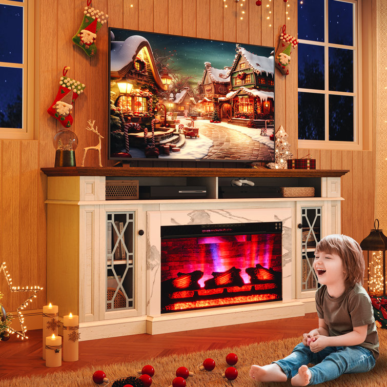 Distressed White 70" Farmhouse Fireplace TV Stand with Cabinet