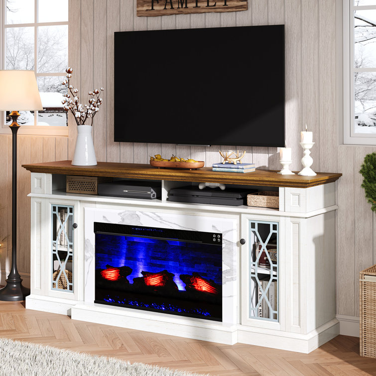 Distressed White 70" Farmhouse Fireplace TV Stand with Cabinet
