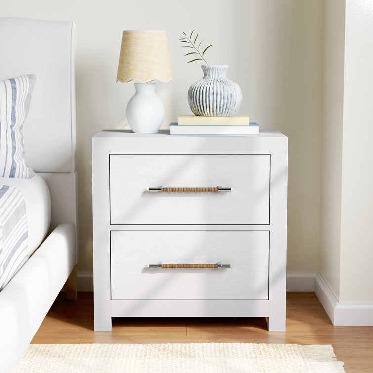 White Coastal 2-Drawer Nightstand with Woven Handles