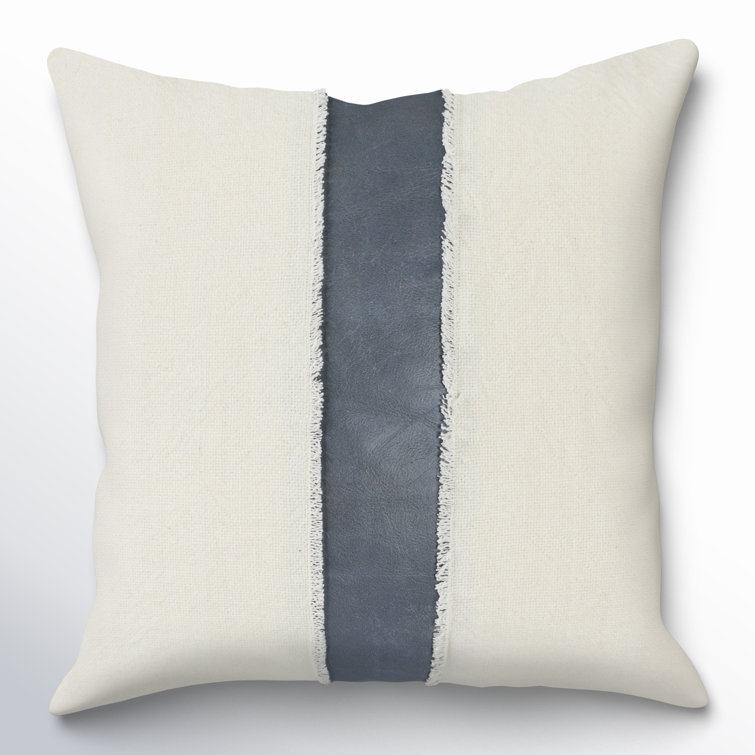 Ivory and Blue 26" Square Linen Cotton Leather Throw Pillow
