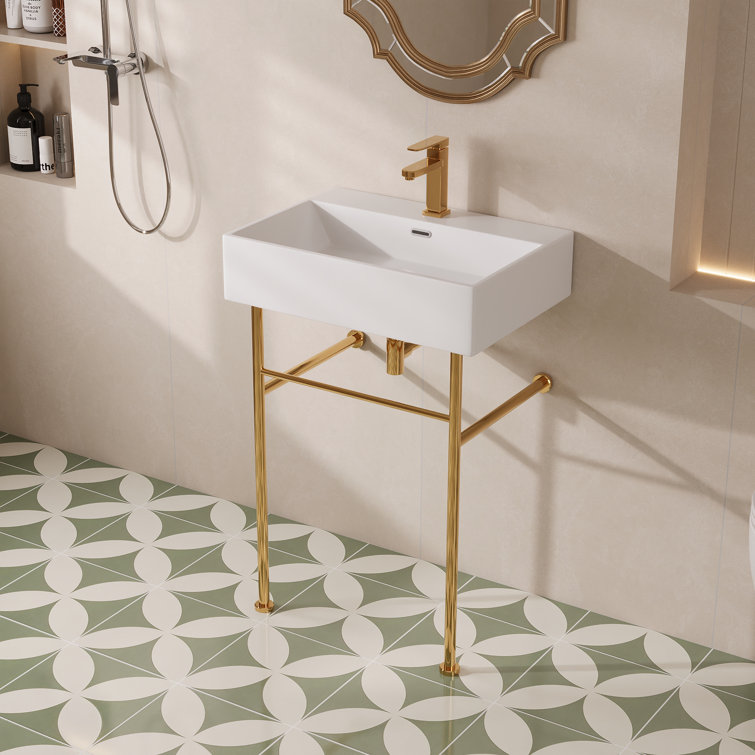 White Ceramic Rectangular Console Sink with Gold Legs