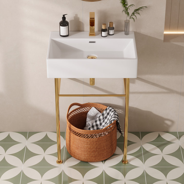 White Ceramic Rectangular Console Sink with Gold Legs