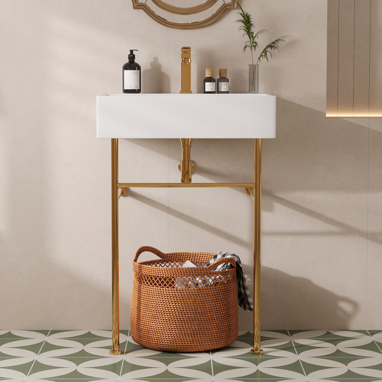 White Ceramic Rectangular Console Sink with Gold Legs