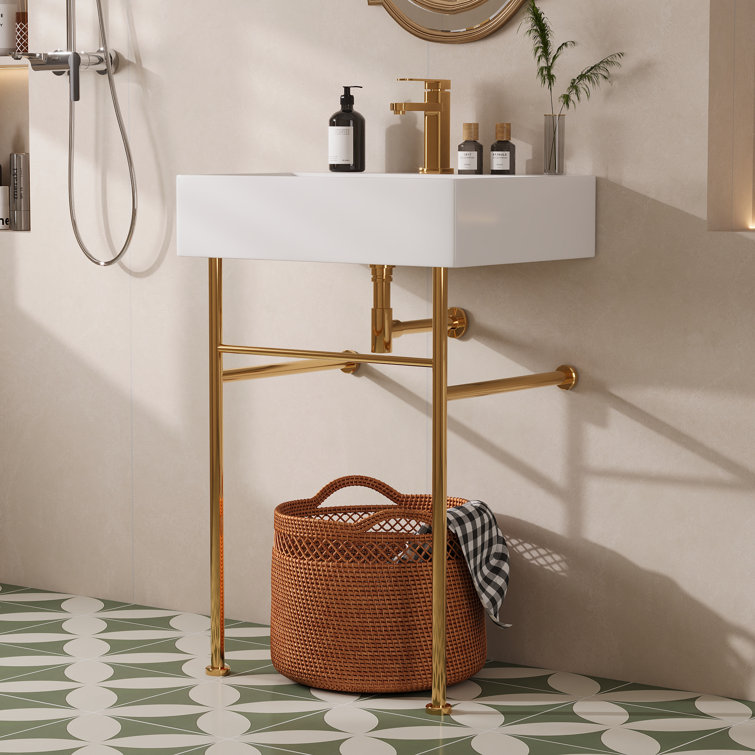 White Ceramic Rectangular Console Sink with Gold Legs