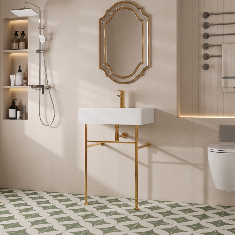 White Ceramic Rectangular Console Sink with Gold Legs