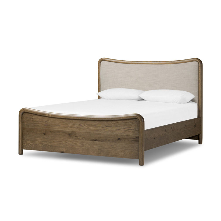 Queen Rustic Oak Wood Frame Bed with Linen Upholstered Headboard
