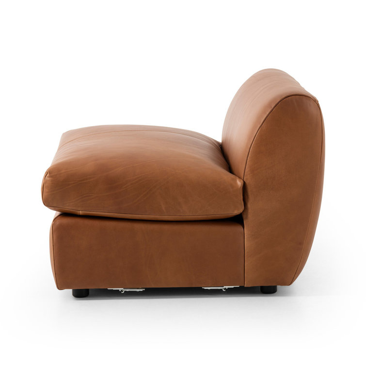 Cognac Leather Armless Side Chair with Feather-Wrapped Cushion
