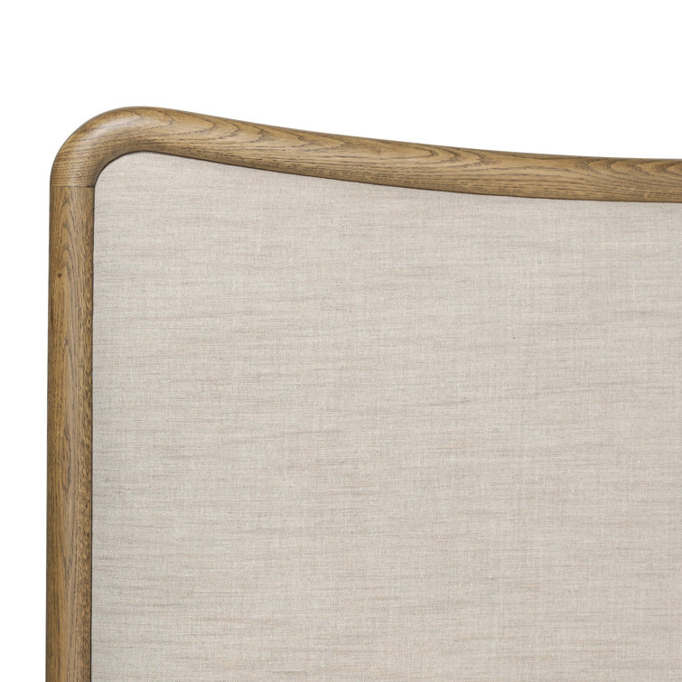 Queen Rustic Oak Wood Frame Bed with Linen Upholstered Headboard