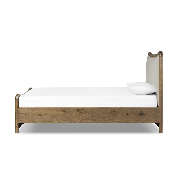 Queen Rustic Oak Wood Frame Bed with Linen Upholstered Headboard