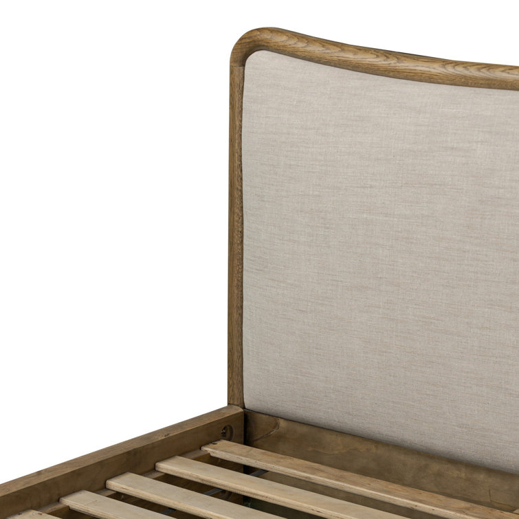 Queen Rustic Oak Wood Frame Bed with Linen Upholstered Headboard