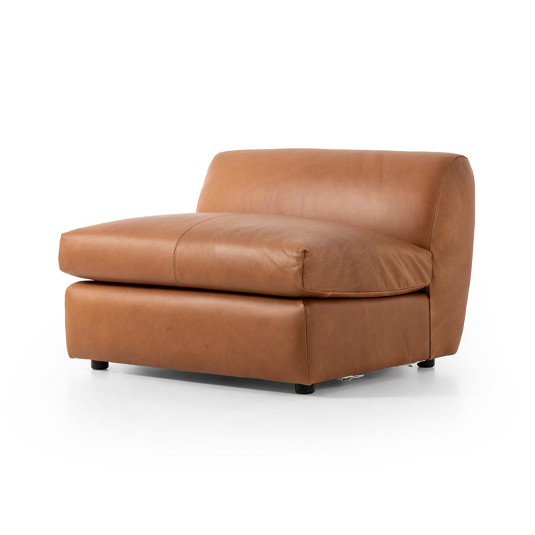 Cognac Leather Armless Side Chair with Feather-Wrapped Cushion