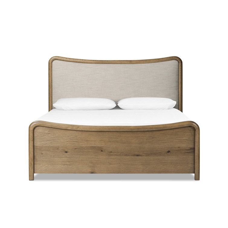 Queen Rustic Oak Wood Frame Bed with Linen Upholstered Headboard