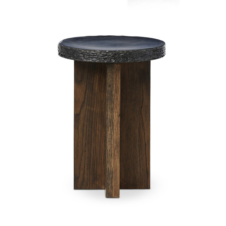 Small Round Black Stone and Oak End Table