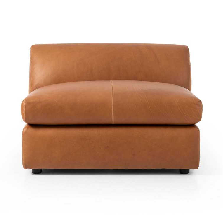Cognac Leather Armless Side Chair with Feather-Wrapped Cushion