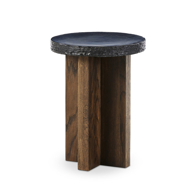 Small Round Black Stone and Oak End Table