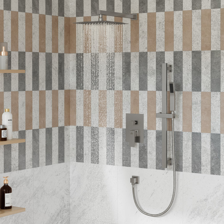 Brushed Nickel Wall-Mounted Square Rain Shower System with Handheld Spray