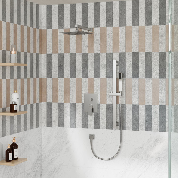 Brushed Nickel Wall-Mounted Square Rain Shower System with Handheld Spray