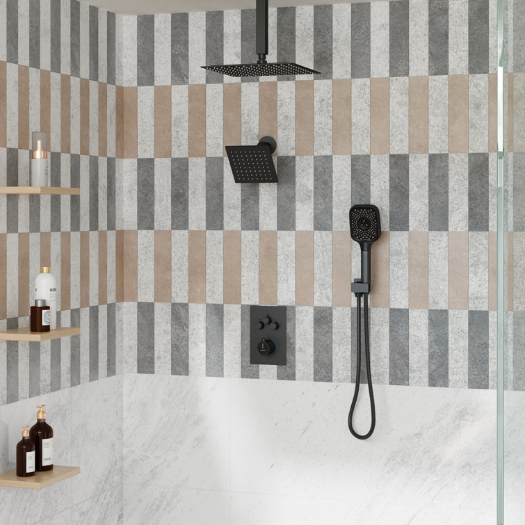 Matte Black Large Square Dual Ceiling Mounted Shower System