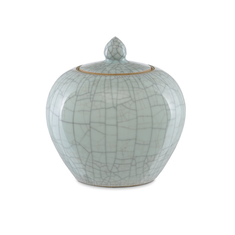 Celadon Crackle Porcelain Ginger Jar with Gold Accents