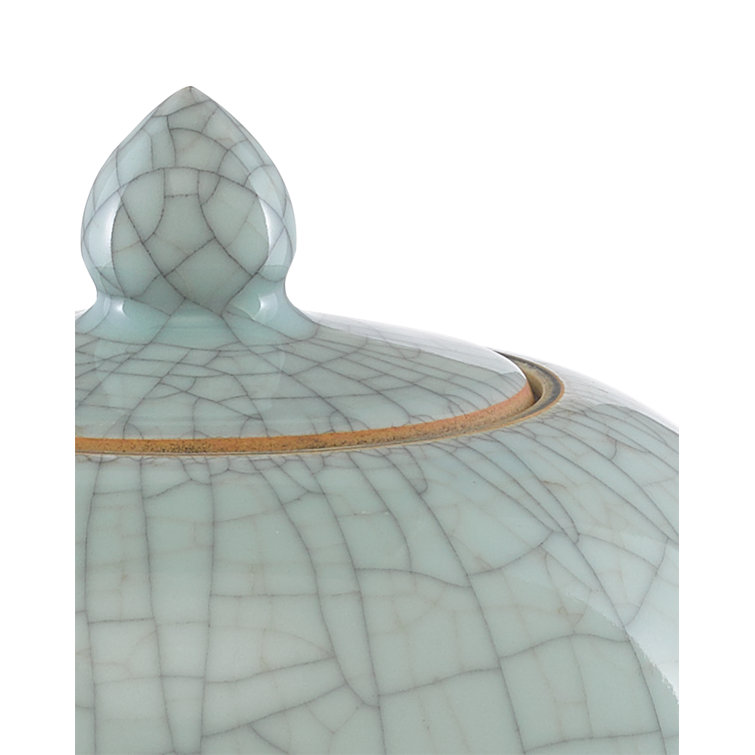 Celadon Crackle Porcelain Ginger Jar with Gold Accents