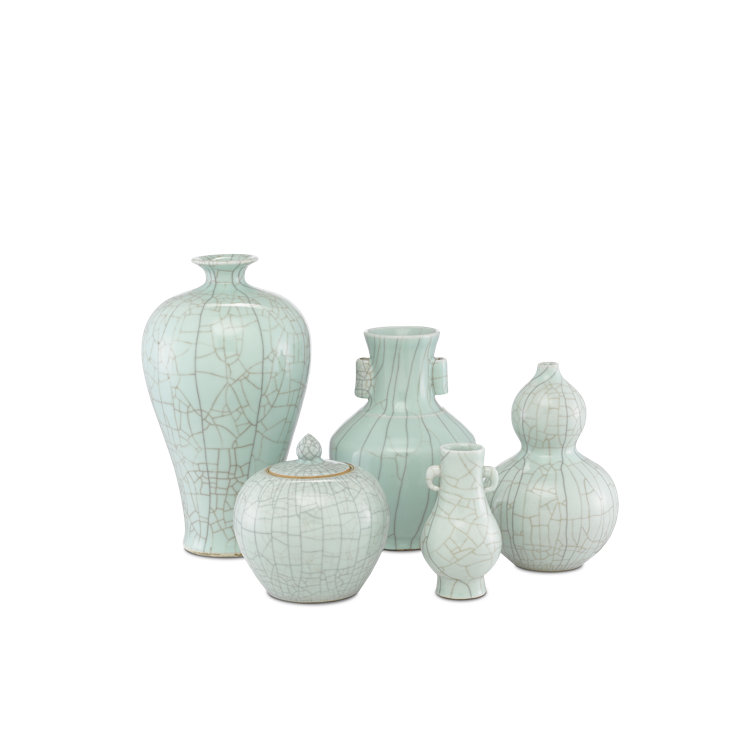 Celadon Crackle Porcelain Ginger Jar with Gold Accents