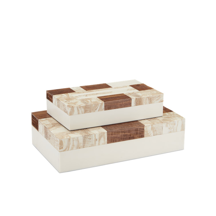 Ivory and Brown Wood Lidded Decorative Box Set