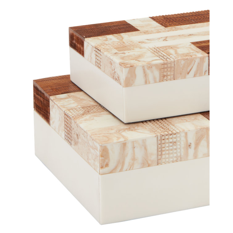 Ivory and Brown Wood Lidded Decorative Box Set