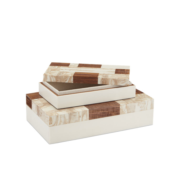 Ivory and Brown Wood Lidded Decorative Box Set