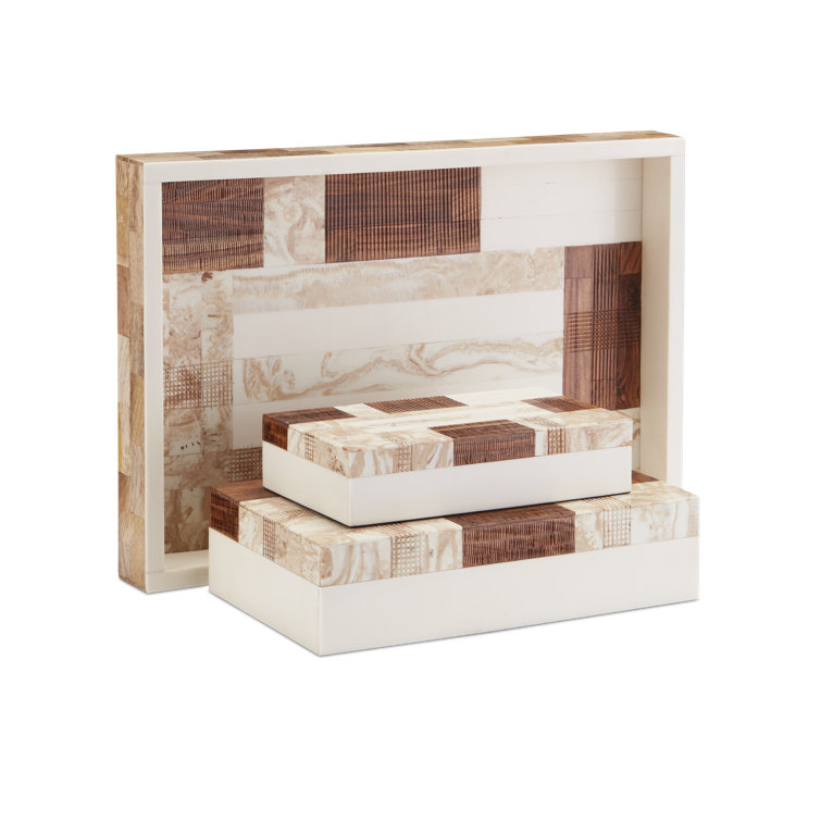 Ivory and Brown Wood Lidded Decorative Box Set