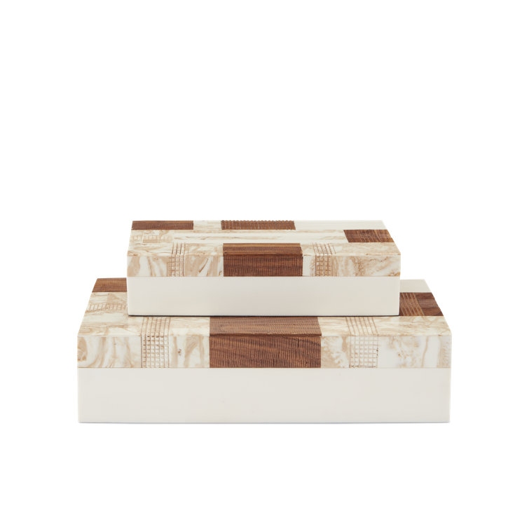 Ivory and Brown Wood Lidded Decorative Box Set