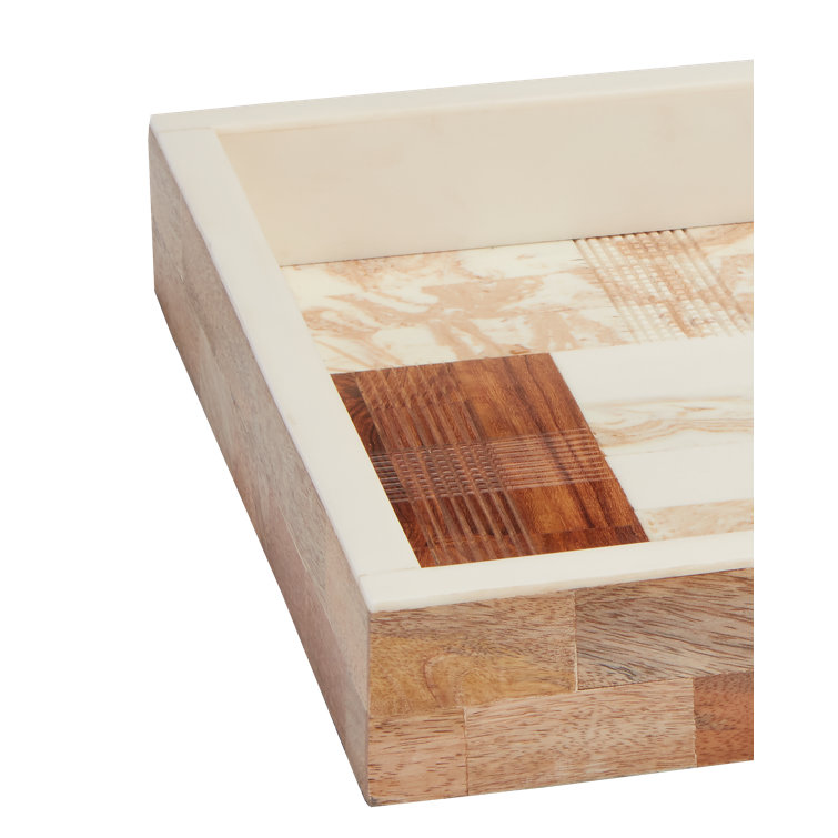 Tan and Ivory Wood Composite Linen Decorative Tray
