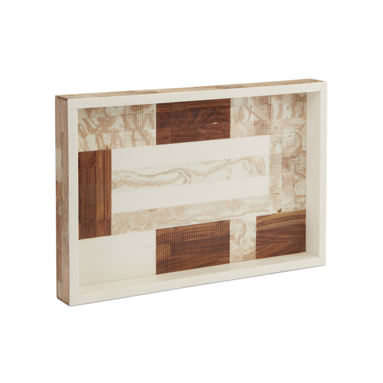 Tan and Ivory Wood Composite Linen Decorative Tray