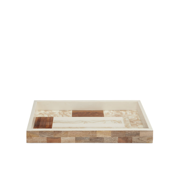 Tan and Ivory Wood Composite Linen Decorative Tray