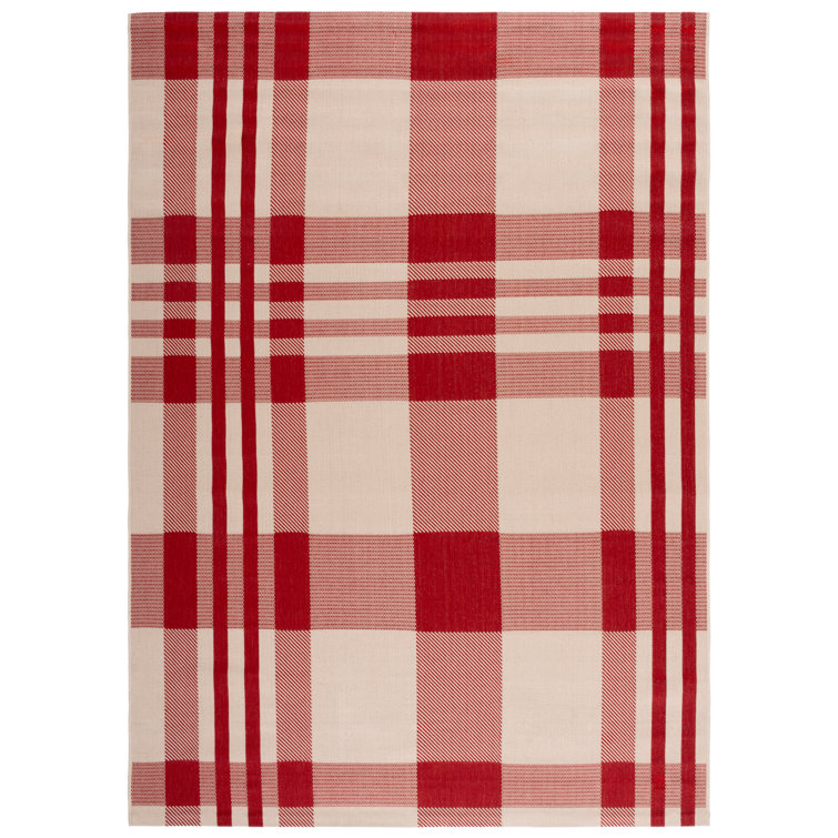 Red and Bone Plaid Outdoor Synthetic Area Rug