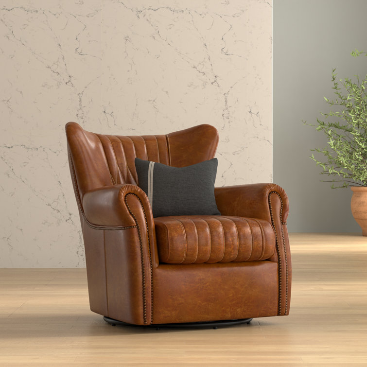 Vintage Havana Dark Brown Genuine Leather Swivel Accent Chair