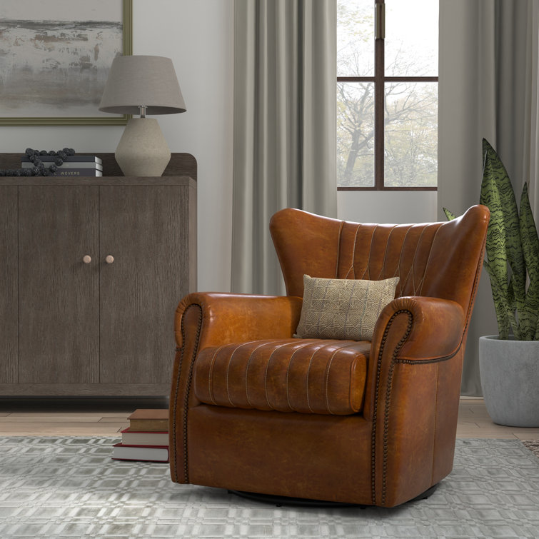 Vintage Havana Dark Brown Genuine Leather Swivel Accent Chair