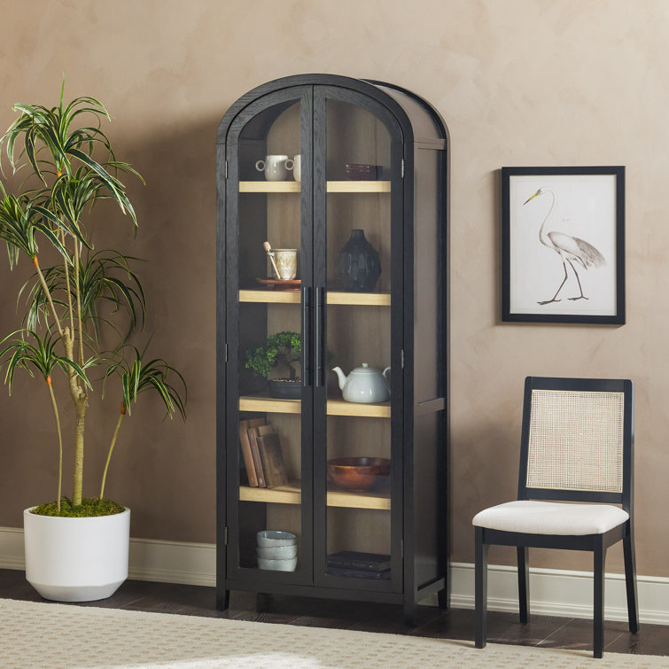 Black Arched Bookcase with Glass Doors and Natural Shelves