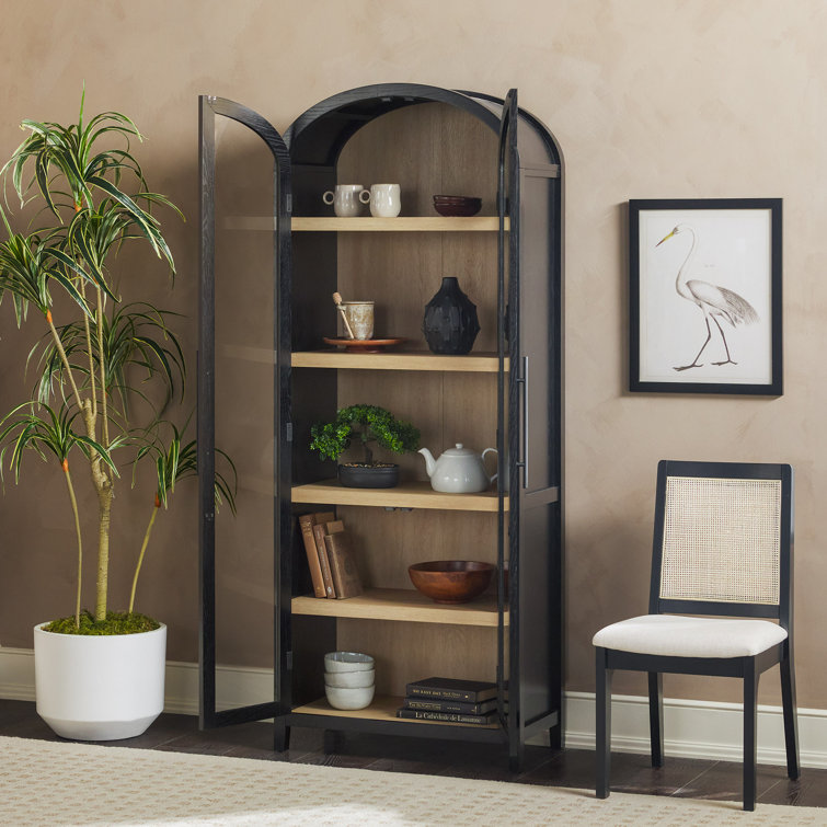 Black Arched Bookcase with Glass Doors and Natural Shelves