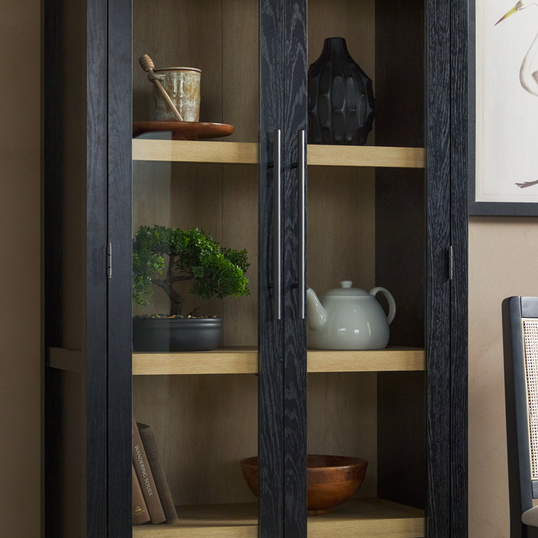 Black Arched Bookcase with Glass Doors and Natural Shelves