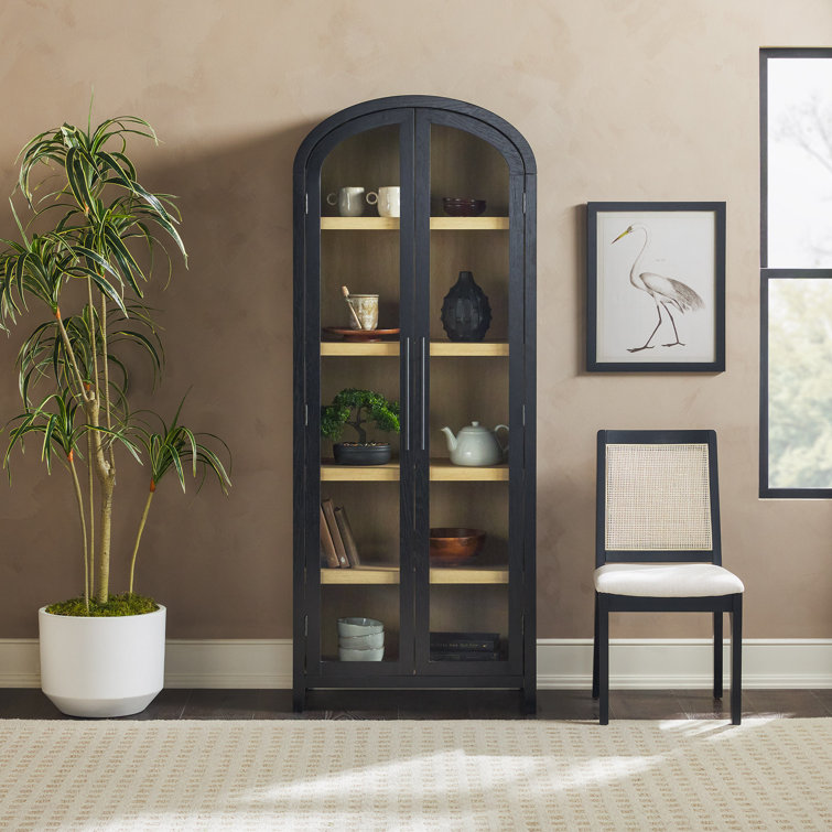 Black Arched Bookcase with Glass Doors and Natural Shelves