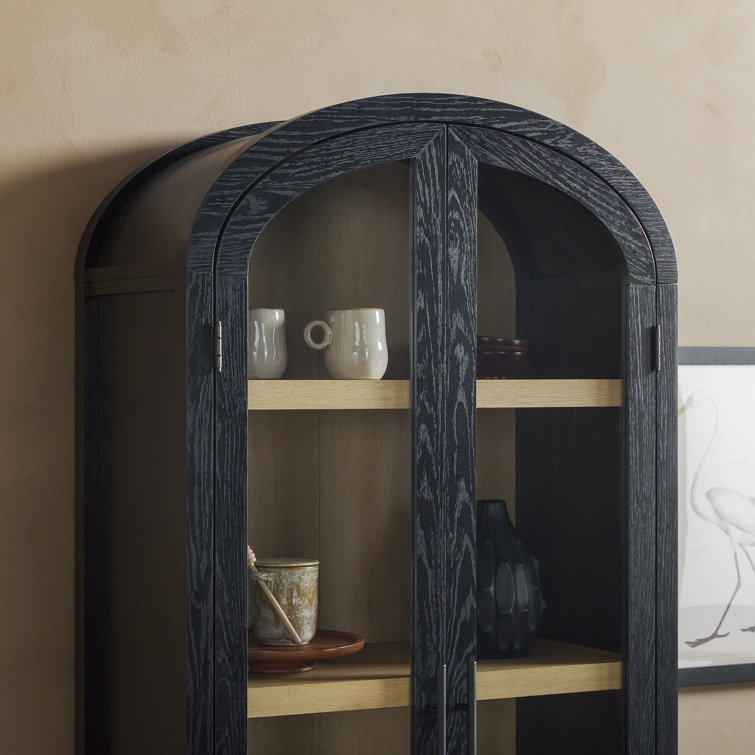 Black Arched Bookcase with Glass Doors and Natural Shelves