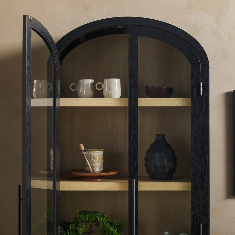 Black Arched Bookcase with Glass Doors and Natural Shelves