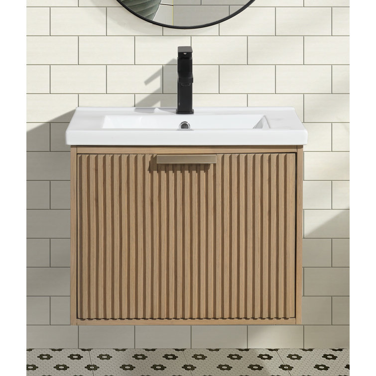24'' Oak Floating Single Bathroom Vanity with Ceramic Sink