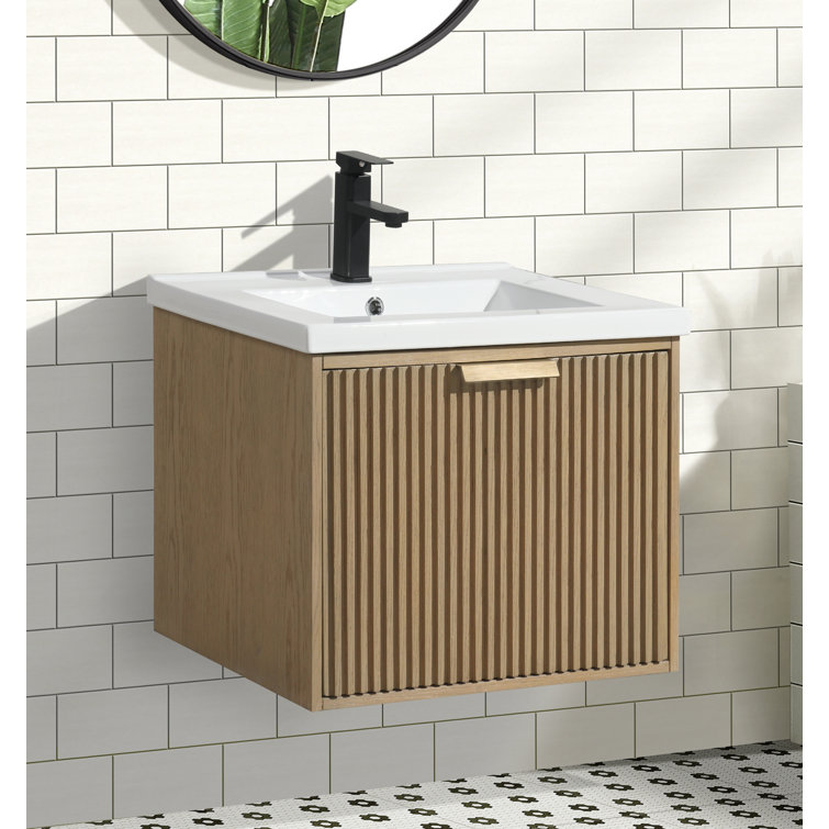 24'' Oak Floating Single Bathroom Vanity with Ceramic Sink
