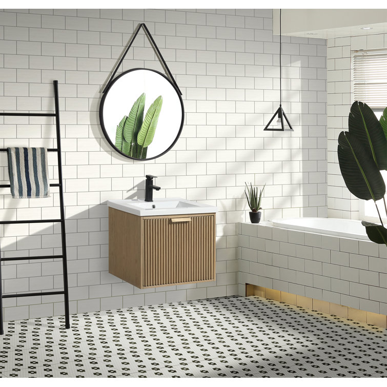 24'' Oak Floating Single Bathroom Vanity with Ceramic Sink