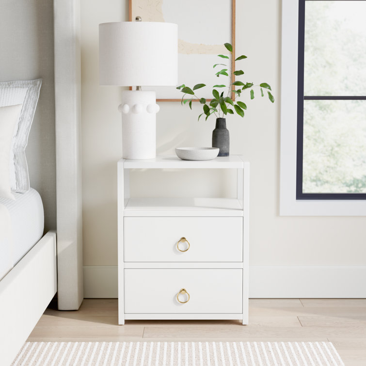 Luxe Minimalist White Acacia 2-Drawer Nightstand with Open Shelf