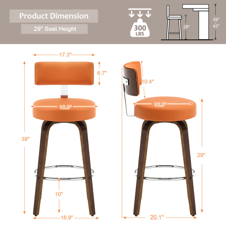 Orange Swivel Upholstered Bar Stools with Wood Legs, Set of 3