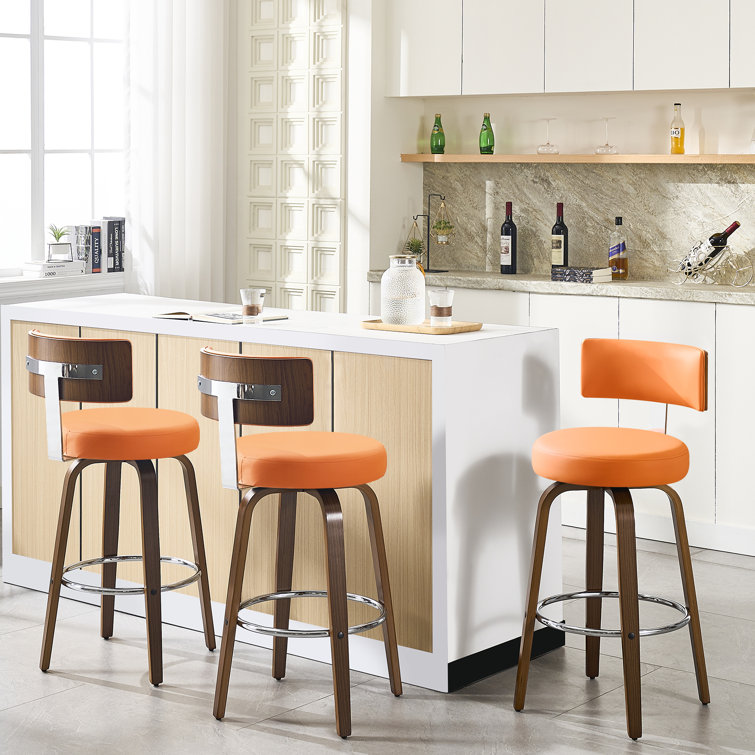 Orange Swivel Upholstered Bar Stools with Wood Legs, Set of 3